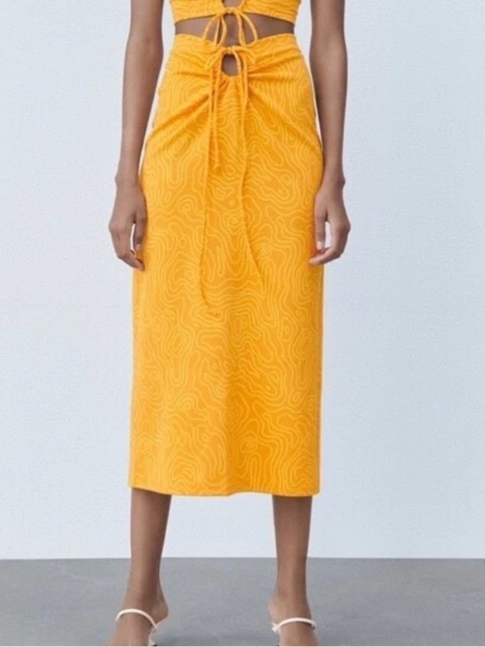 NEW Zara XXL Orange Yellow Swirl Keyhole High Waist Midi Skirt ~ Retro 70s